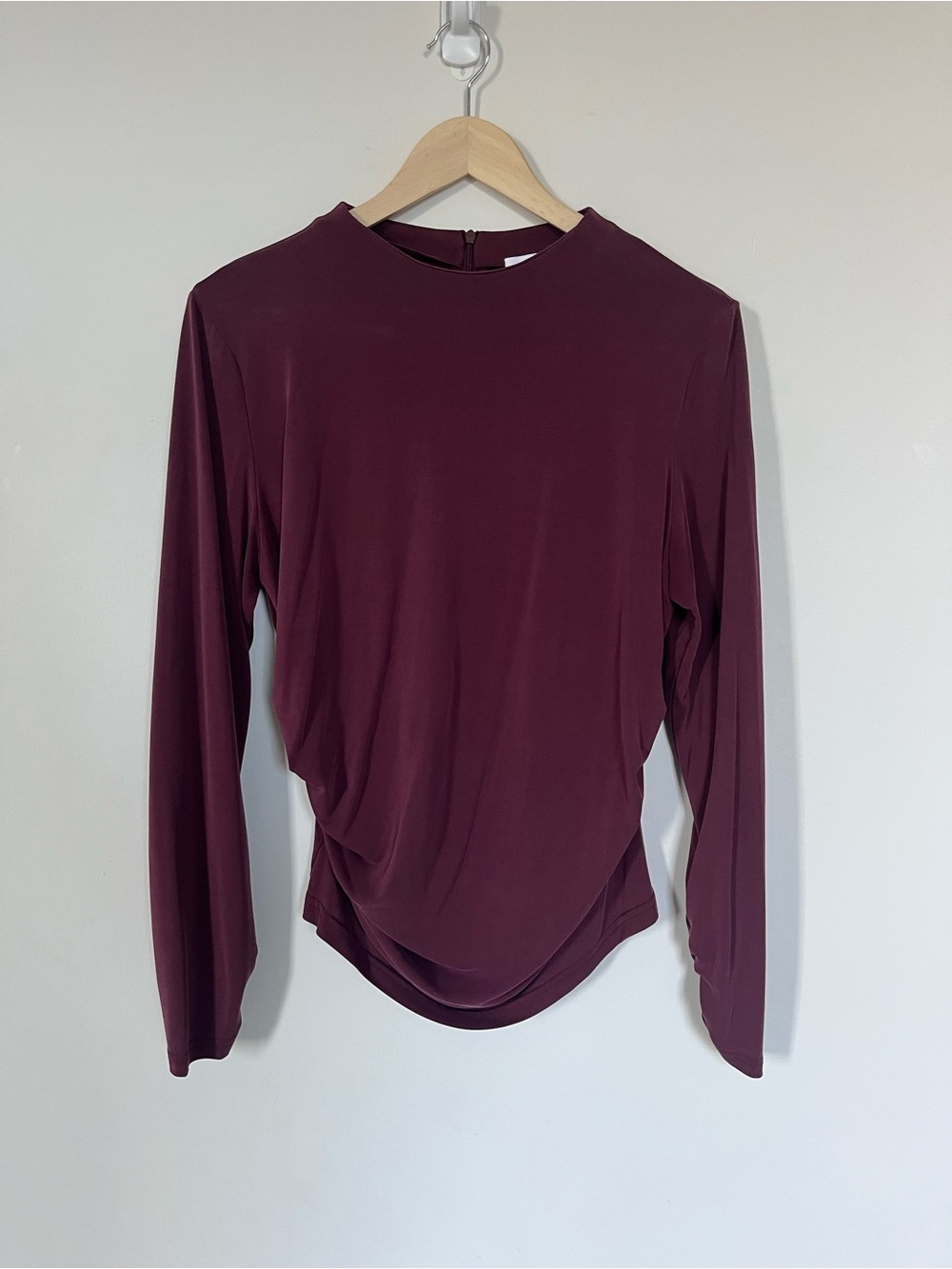 Yas Long-Sleeve Draped High Neck Blouse in Deep Burgundy Modal Officewear